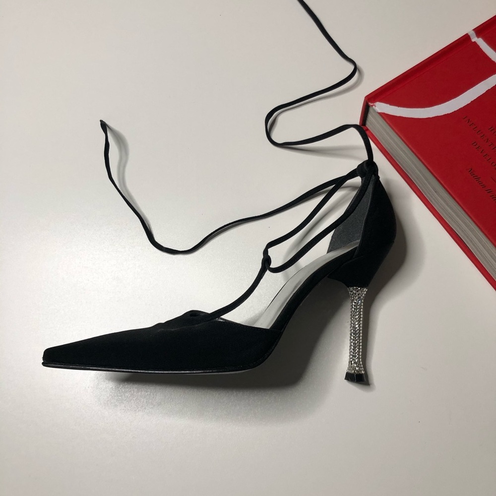 Stuart Weitzman Black Lace-Up Pointed Toe Pump with Embellished Silver Heel